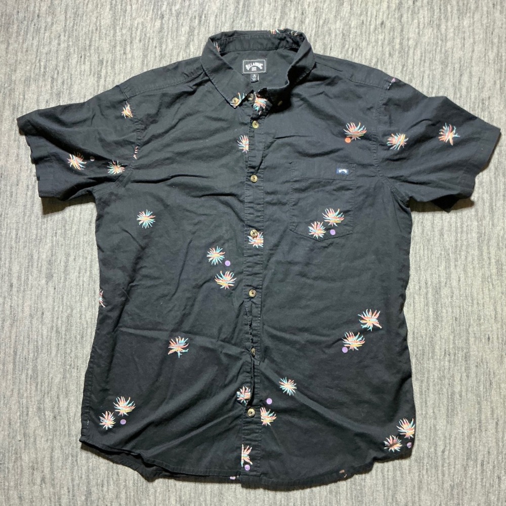 Billabong Mens Black Tropical Floral Print Short Sleeve Button Down Shirt M
